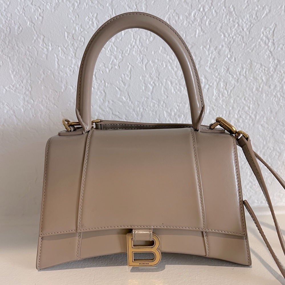 Balenciaga Hourglass Small Handbag in beige shiny box calfskin, gold hardware